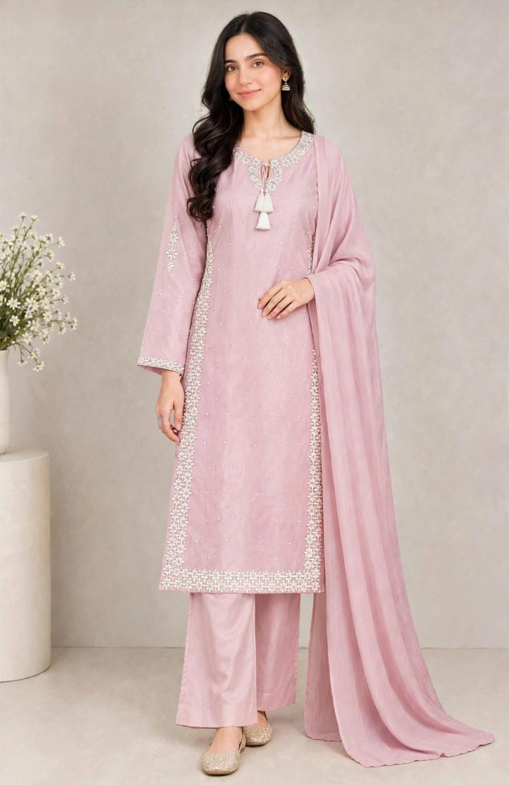 Premium Embroidered Silk Kurti Set